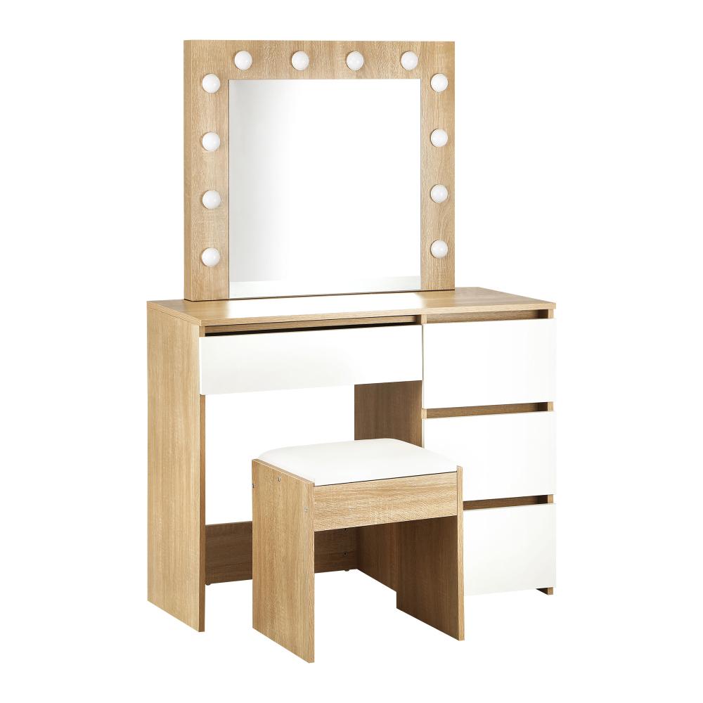 Oikiture Dressing Table Stool Set Makeup Desk Mirror Storage Drawer 12 LED Bulbs Wooden and White-Dressing Table-PEROZ Accessories
