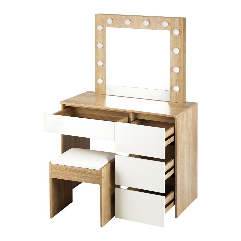 Oikiture Dressing Table Stool Set Makeup Desk Mirror Storage Drawer 12 LED Bulbs Wooden and White-Dressing Table-PEROZ Accessories