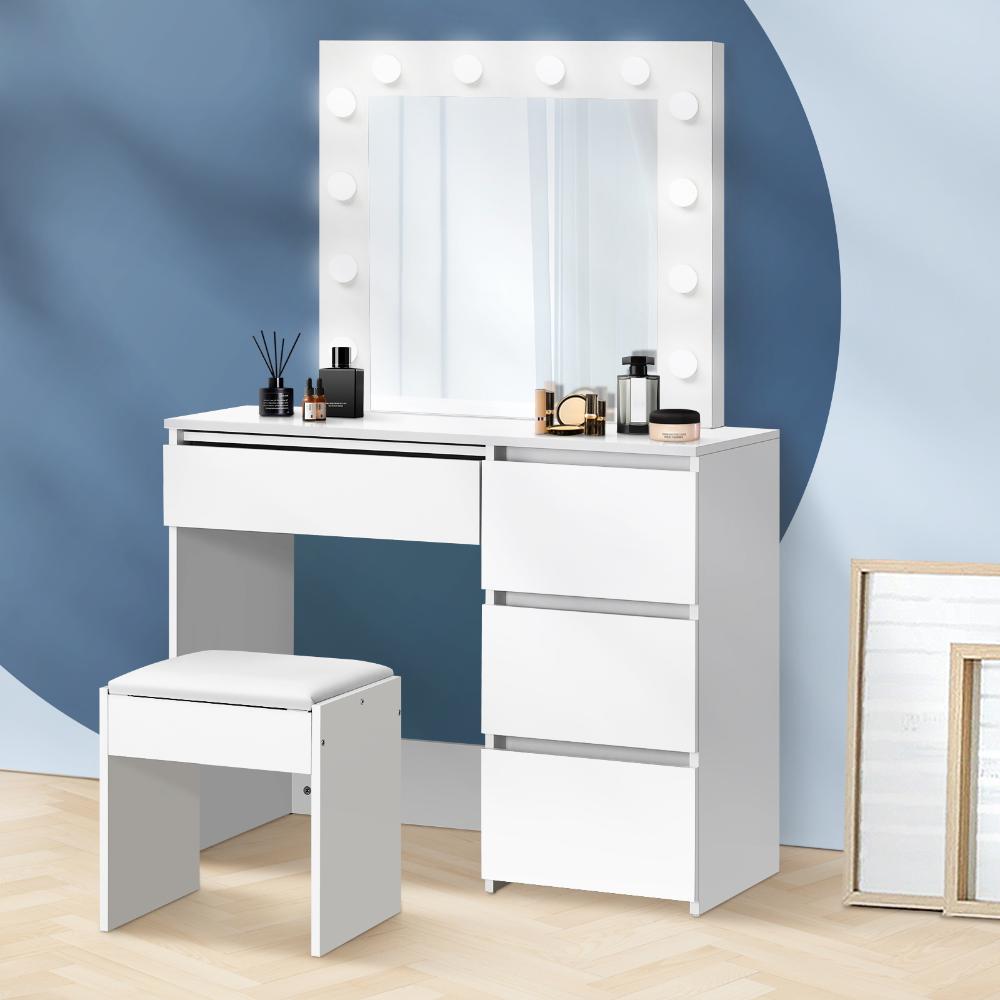 Oikiture Dressing Table Stool Set Makeup Desk Mirror Storage Drawer 12 LED Bulbs White-Dressing Table-PEROZ Accessories