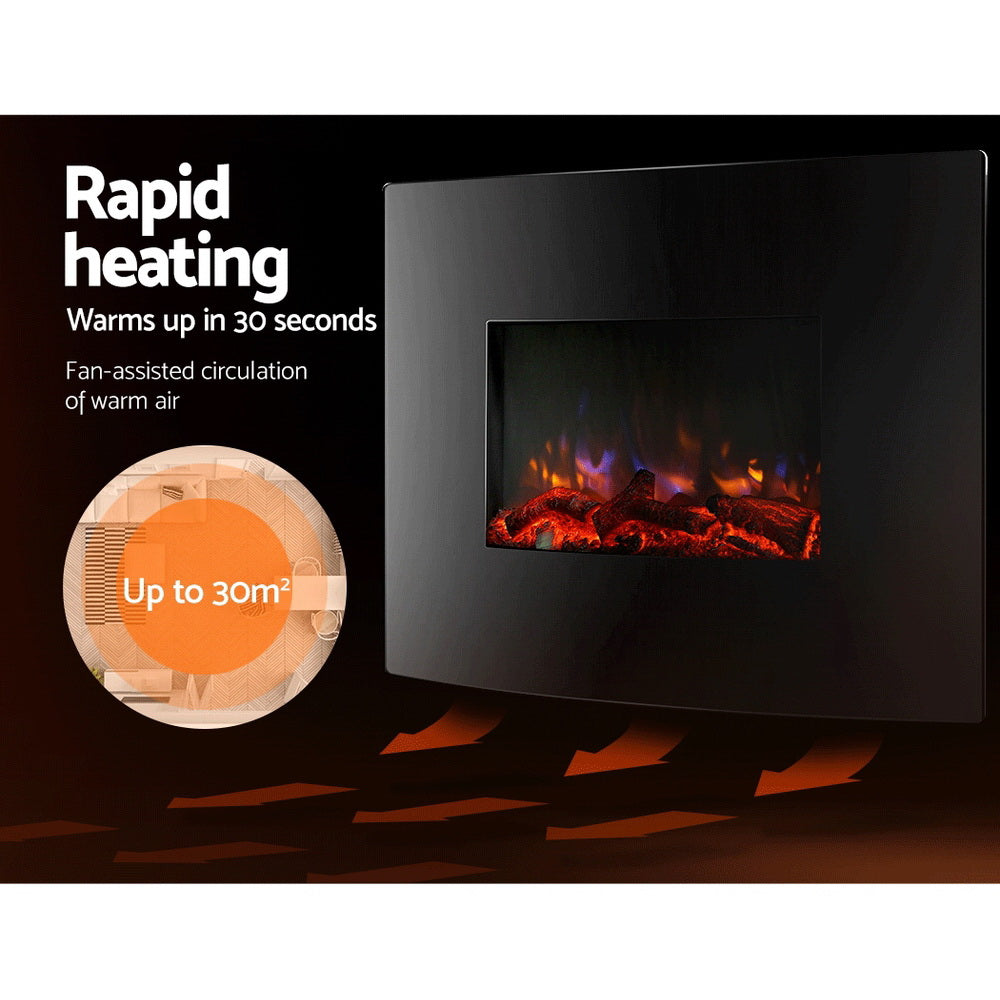 Devanti 2000W Wall Mounted Electric Fireplace Fire Log Wood Heater Realistic Flame-Appliances &gt; Heaters-PEROZ Accessories