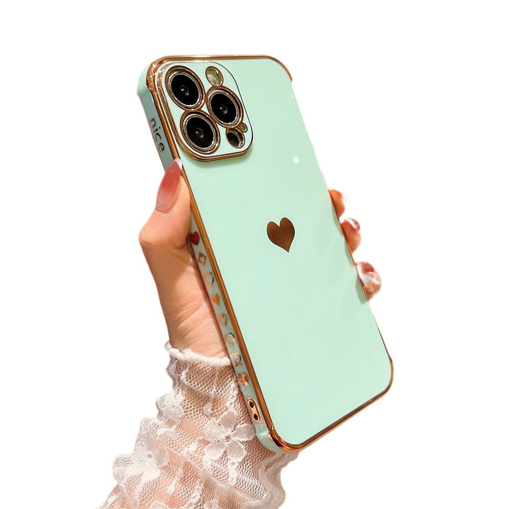 Anymob iPhone Case Green Love Heart Plating Lens Protection Shockproof Silicone Cover iPhone 12 11 Pro Max X XR XS Max 13 Pro Compatible-Mobile Phone Cases-PEROZ Accessories
