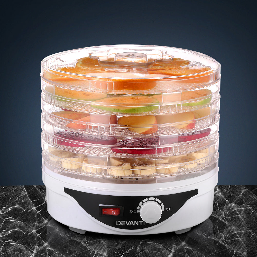 Devanti 5 Trays Food Dehydrator Fruit Dehydrators Pet Beef Jerky Dryer White-Appliances &gt; Kitchen Appliances-PEROZ Accessories