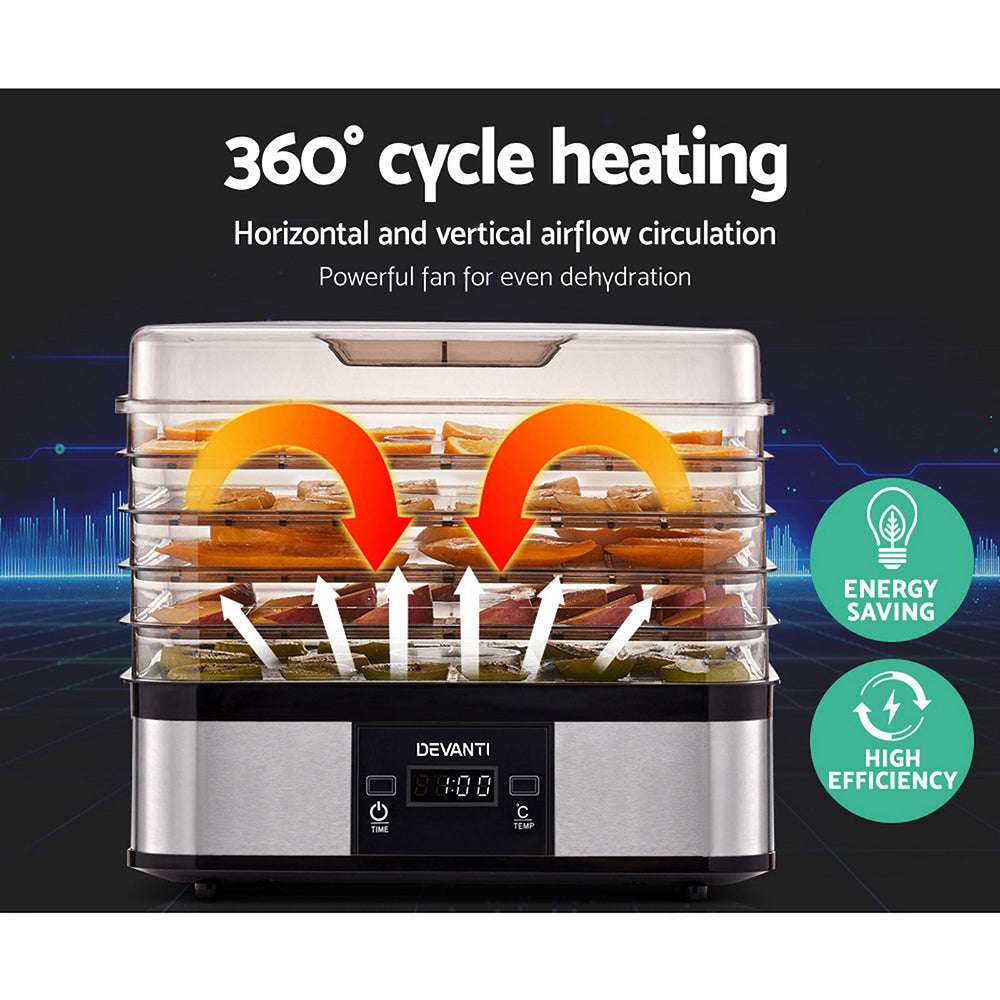 Devanti Food Dehydrator with 5 Trays - Silver-Appliances &gt; Kitchen Appliances-PEROZ Accessories