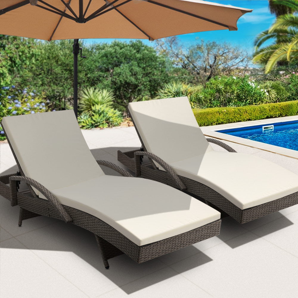 Gardeon Set of 2 Outdoor Sun Lounge Chair with Cushion- Grey-Furniture &gt; Outdoor-PEROZ Accessories