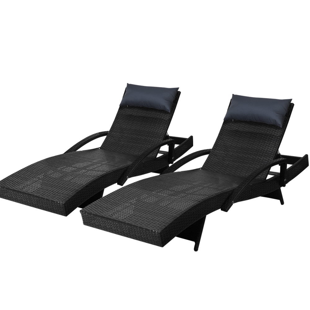 Gardeon Set of 2 Sun Lounge Outdoor Furniture Wicker Lounger Rattan Day Bed Garden Patio Black-Furniture &gt; Outdoor-PEROZ Accessories