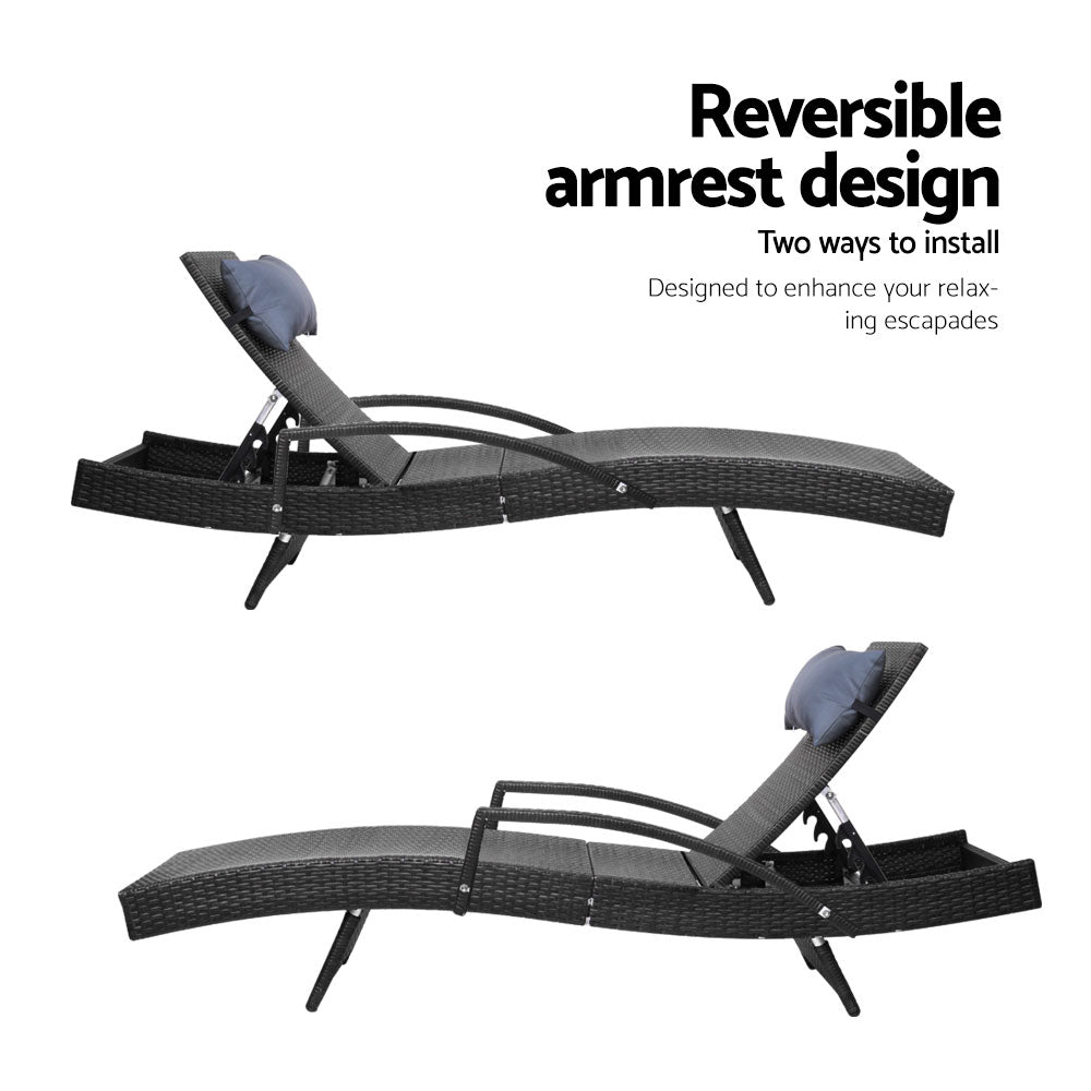 Gardeon Set of 2 Sun Lounge Outdoor Furniture Wicker Lounger Rattan Day Bed Garden Patio Black-Furniture &gt; Outdoor-PEROZ Accessories