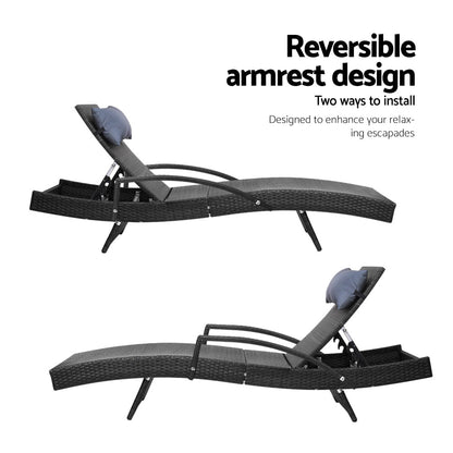 Gardeon Set of 2 Sun Lounge Outdoor Furniture Wicker Lounger Rattan Day Bed Garden Patio Black-Furniture &gt; Outdoor-PEROZ Accessories