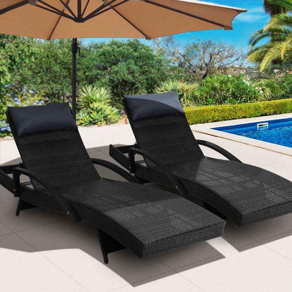 Gardeon Set of 2 Sun Lounge Outdoor Furniture Wicker Lounger Rattan Day Bed Garden Patio Black-Furniture &gt; Outdoor-PEROZ Accessories