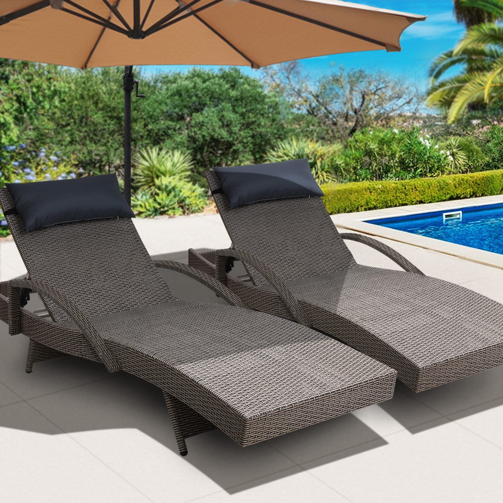 Gardeon Set of 2 Sun Lounge Outdoor Furniture Wicker Lounger Rattan Day Bed Garden Patio Grey-Furniture &gt; Outdoor-PEROZ Accessories