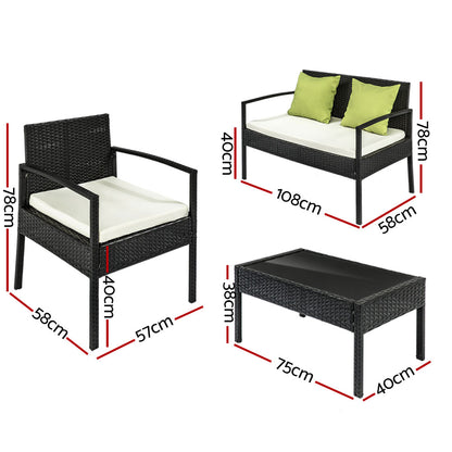 4 Seater Sofa Set Outdoor Furniture Lounge Setting Wicker Chairs Table Rattan Lounger Bistro Patio Garden Cushions Black-Furniture &gt; Outdoor-PEROZ Accessories