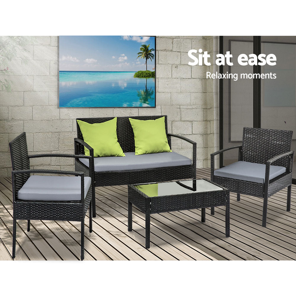 4 Seater Sofa Set Outdoor Furniture Lounge Setting Wicker Chairs Table Rattan Lounger Bistro Patio Garden Cushions Black-Furniture &gt; Outdoor-PEROZ Accessories