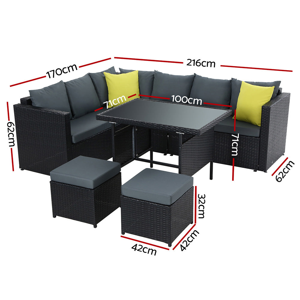 Gardeon Outdoor Furniture Patio Set Dining Sofa Table Chair Lounge Wicker Garden Black-Furniture &gt; Outdoor-PEROZ Accessories