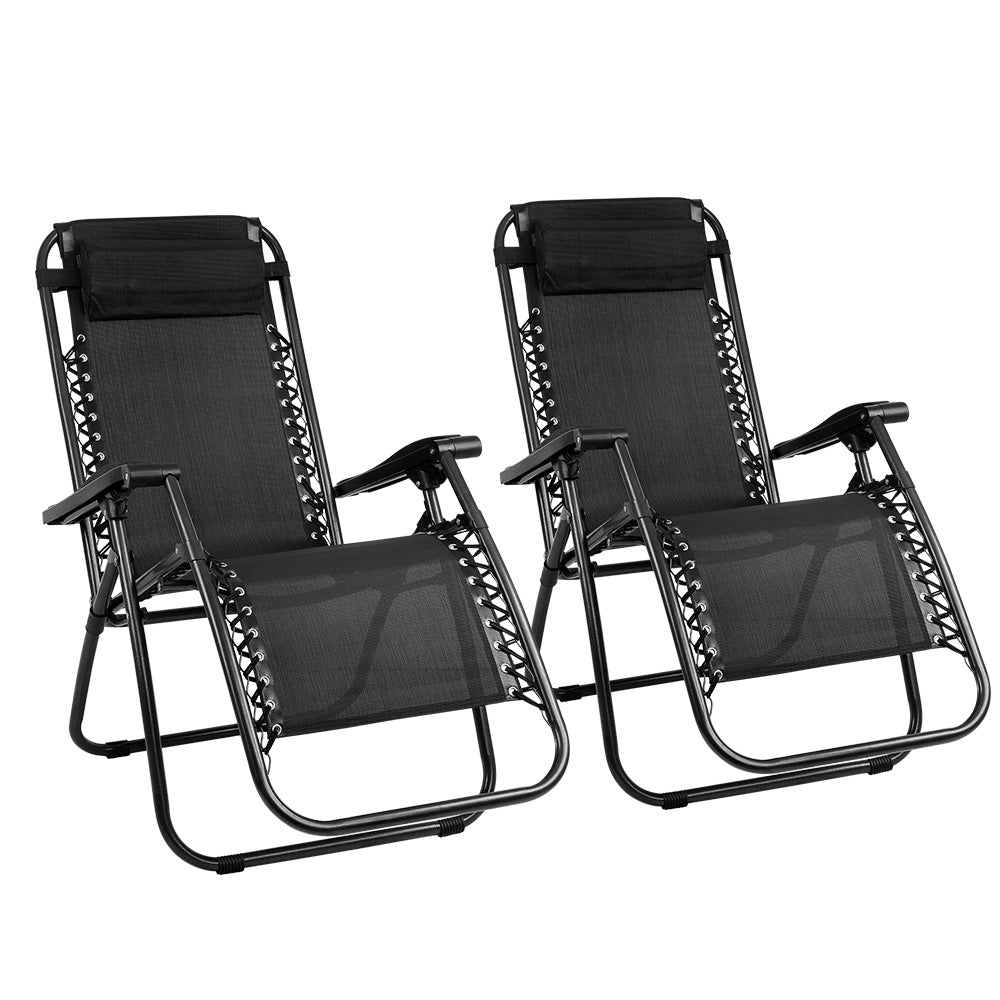 Gardeon Set of 2 Zero Gravity Chairs Reclining Outdoor Furniture Sun Lounge Folding Camping Lounger Black-Furniture &gt; Outdoor-PEROZ Accessories
