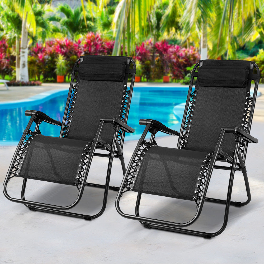 Gardeon Set of 2 Zero Gravity Chairs Reclining Outdoor Furniture Sun Lounge Folding Camping Lounger Black-Furniture &gt; Outdoor-PEROZ Accessories