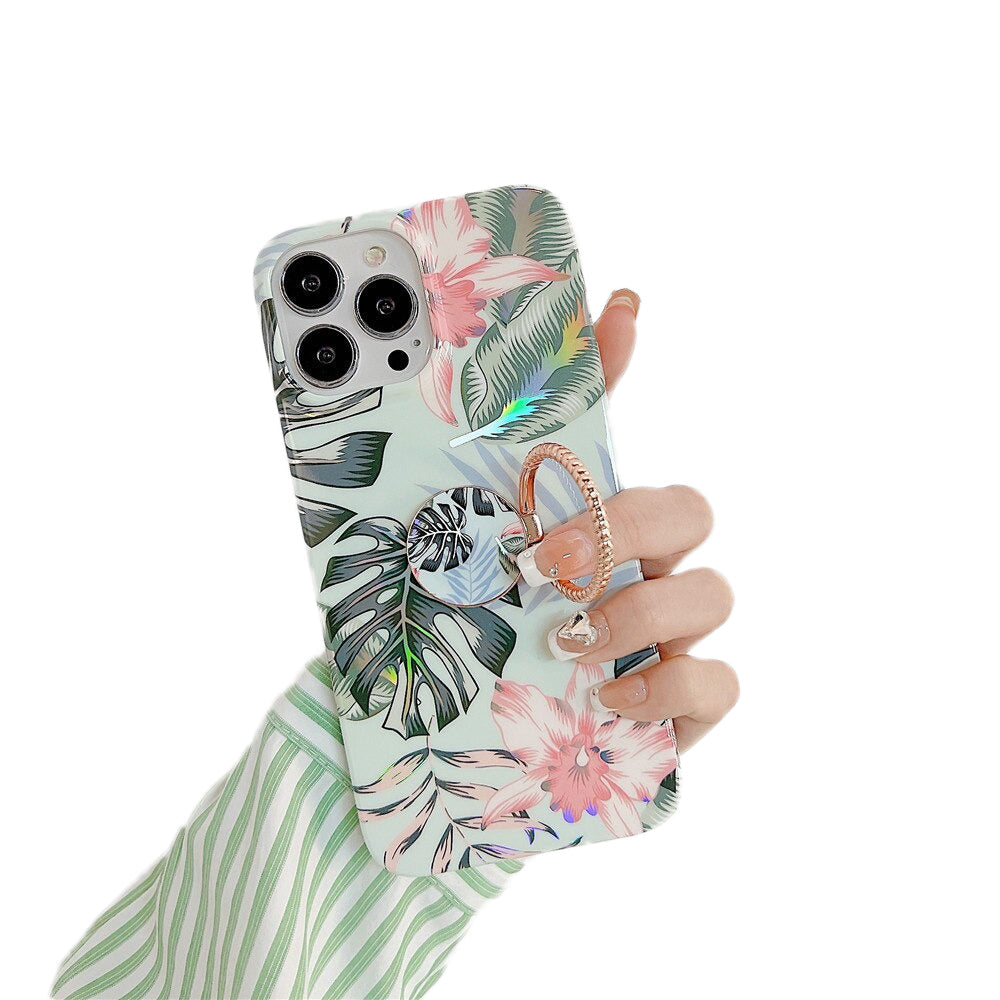 Anymob iPhone Case Multicolor Laser Retro Flowers with Ring Holder Soft Cover Compatible-Mobile Phone Cases-PEROZ Accessories