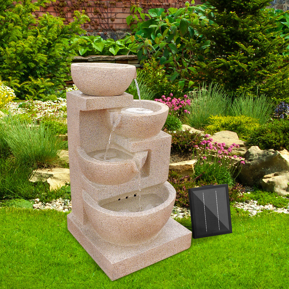Gardeon 4 Tier Solar Powered Water Fountain with Light - Sand Beige-Home &amp; Garden &gt; Fountains-PEROZ Accessories