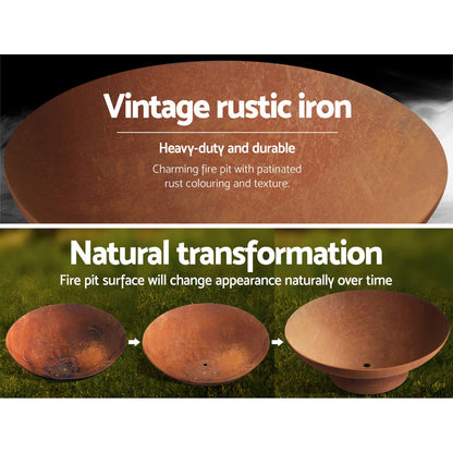 Grillz Fire Pit Charcoal Vintage Campfire Burner Rust Outdoor Steel Bowl 70CM-Home &amp; Garden &gt; Firepits-PEROZ Accessories