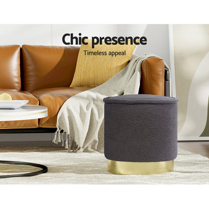 Artiss Ottoman Round Foot Stool Teddy Fabric Foot Rest Padded Seat Charcoal-Furniture &gt; Living Room - Peroz Australia - Image - 5