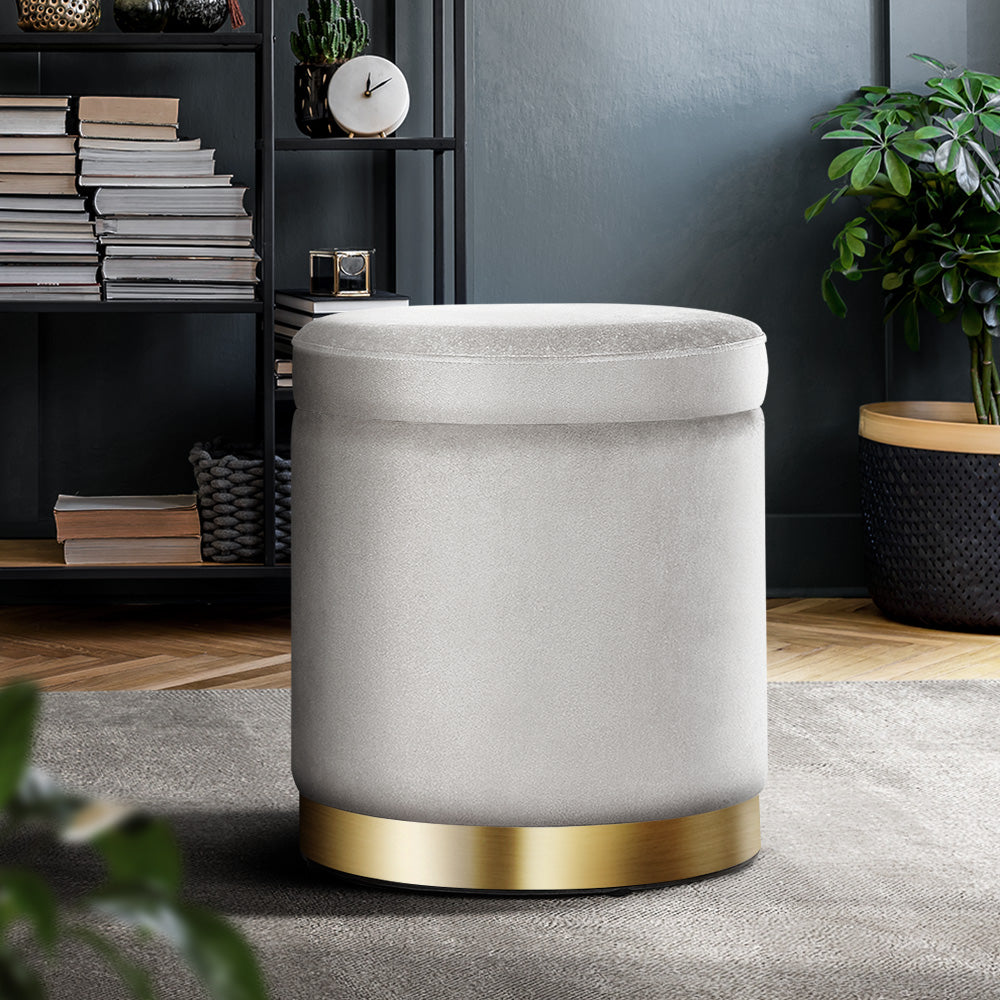 Artiss Round Velvet Storage Ottoman Foot Stool Foot Rest Pouffe Padded Seat Grey-Furniture &gt; Living Room - Peroz Australia - Image - 1