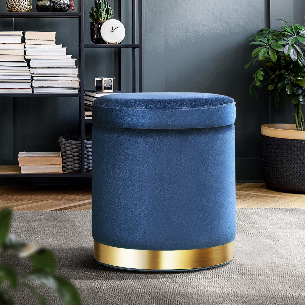 Artiss Foot Stool Round Velvet Storage Ottoman Foot Rest Pouffe Footstool Navy-Furniture &gt; Living Room - Peroz Australia - Image - 1