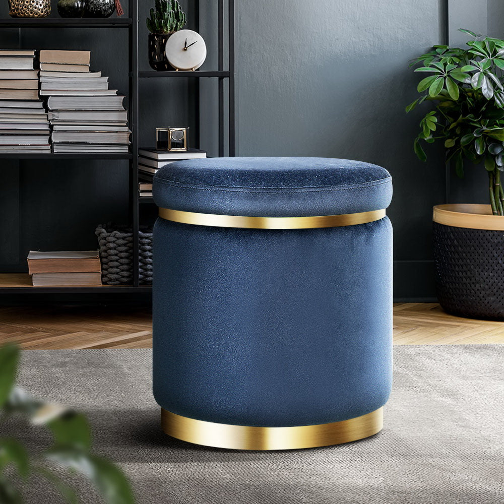 Artiss Foot Stool Round Velvet Ottoman Foot Rest Pouf Padded Seat Footstool Navy-Furniture &gt; Living Room - Peroz Australia - Image - 1