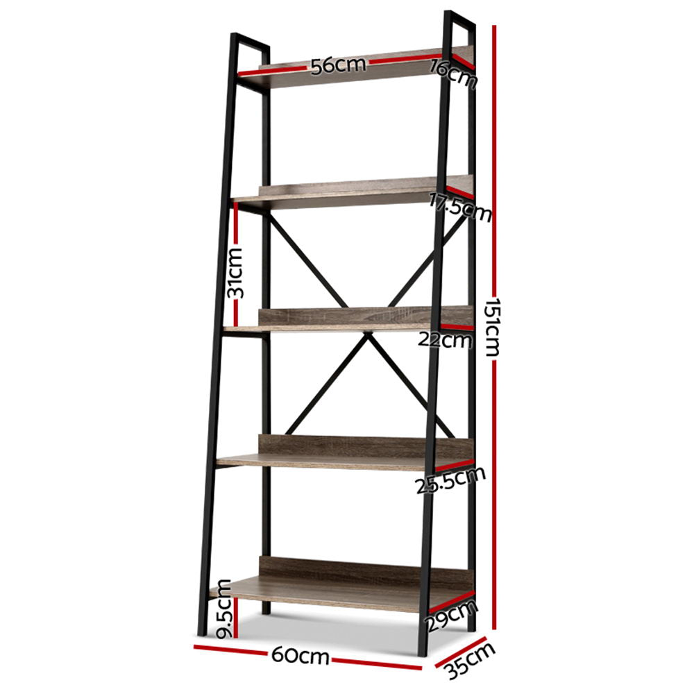 Artiss Bookshelf 5Tier Metal Bookcase Bookshelves Oak Book Shelf Display Storage-Bookcases &amp; Shelves - Peroz Australia - Image - 2