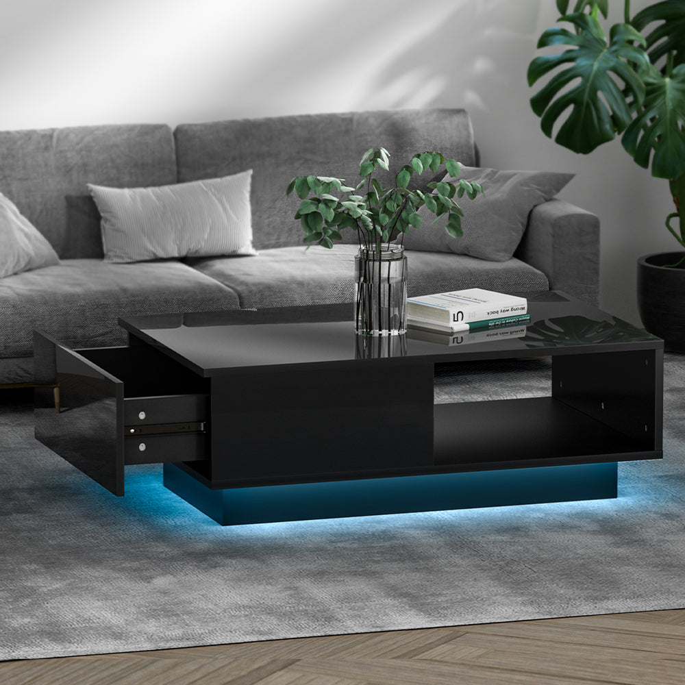 Artiss Coffee Table LED Lights High Gloss Storage Drawer Modern Furniture Black-Furniture &gt; Living Room - Peroz Australia - Image - 1
