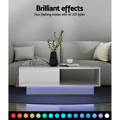 Artiss Coffee Table LED Lights High Gloss Storage Drawer Modern Furniture White-Furniture &gt; Living Room - Peroz Australia - Image - 5