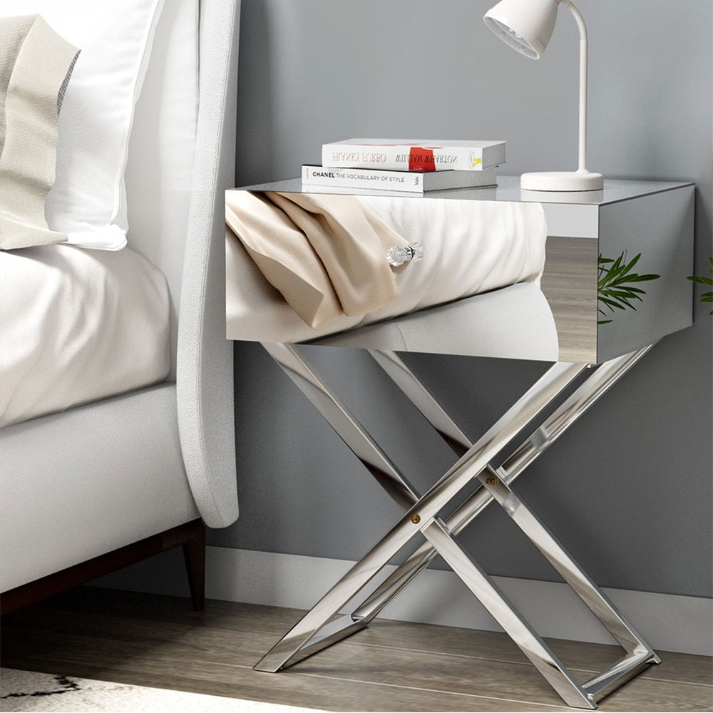 Artiss Mirrored Bedside Table Side End Table Drawers Nightstand Bedroom Silver-Furniture &gt; Bedroom-PEROZ Accessories