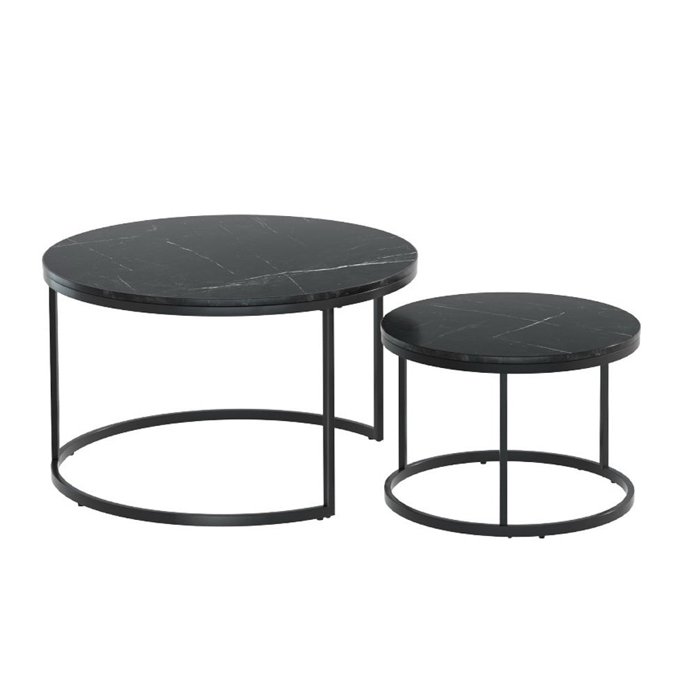 Artiss Nesting Coffee Tables Set of 2 Marble-effect Top 80/60CM Black Metal Base-Furniture &gt; Living Room-PEROZ Accessories