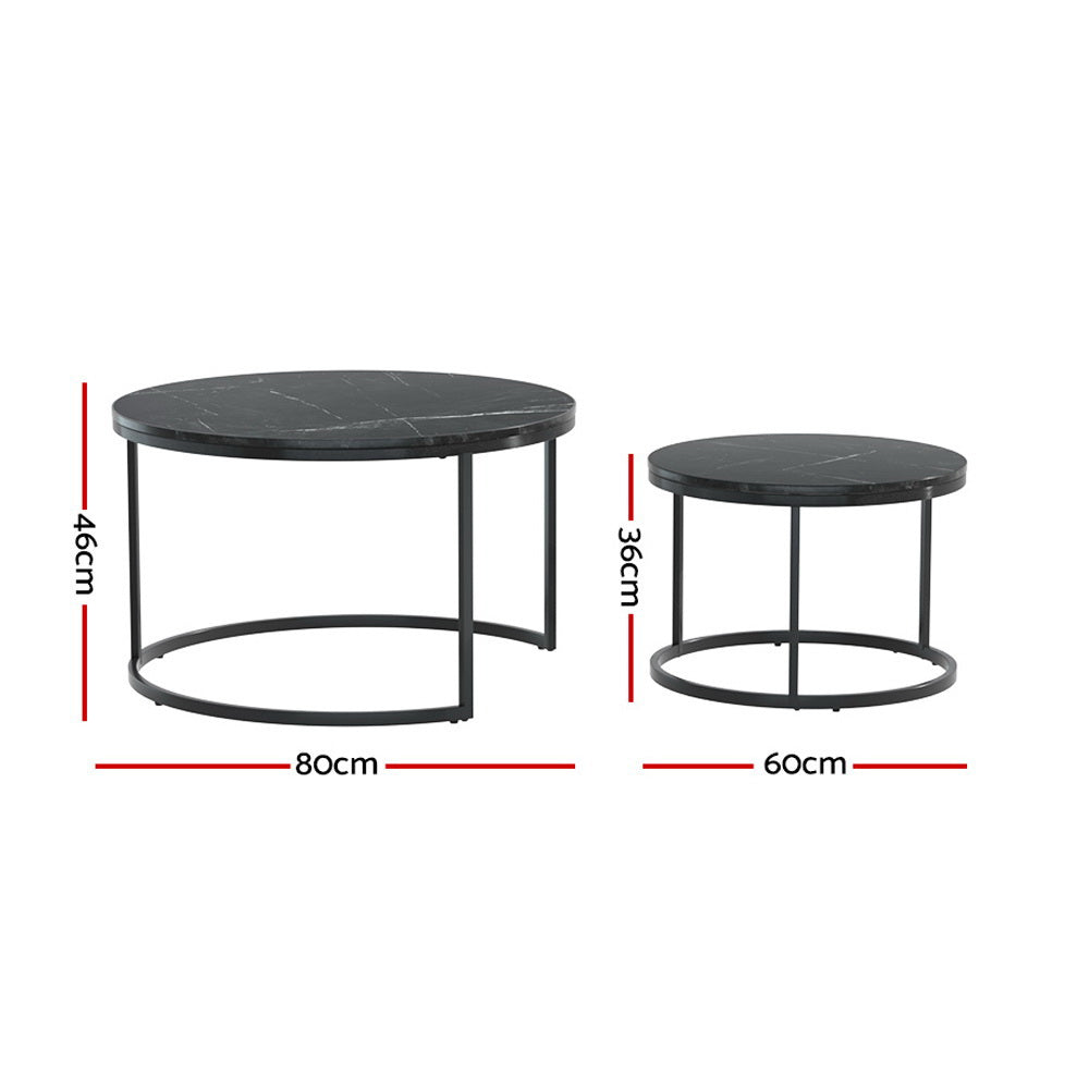 Artiss Nesting Coffee Tables Set of 2 Marble-effect Top 80/60CM Black Metal Base-Furniture &gt; Living Room-PEROZ Accessories