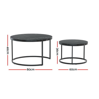 Artiss Nesting Coffee Tables Set of 2 Marble-effect Top 80/60CM Black Metal Base-Furniture &gt; Living Room-PEROZ Accessories