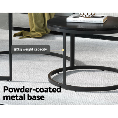Artiss Nesting Coffee Tables Set of 2 Marble-effect Top 80/60CM Black Metal Base-Furniture &gt; Living Room-PEROZ Accessories