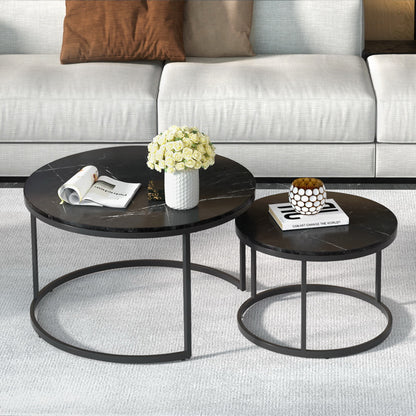 Artiss Nesting Coffee Tables Set of 2 Marble-effect Top 80/60CM Black Metal Base-Furniture &gt; Living Room-PEROZ Accessories