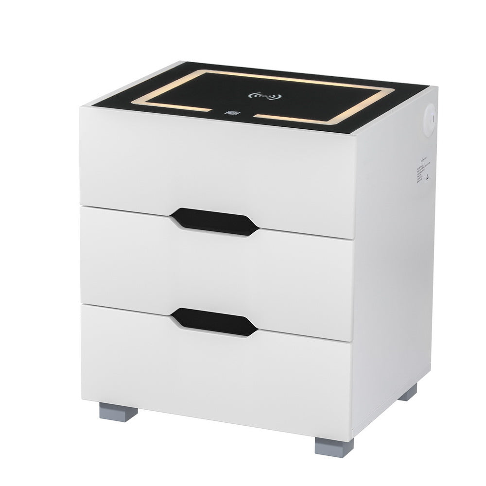 Artiss Smart Bedside Table 3 Drawers with Wireless Charging Ports LED White ADAD-Furniture &gt; Bedroom-PEROZ Accessories