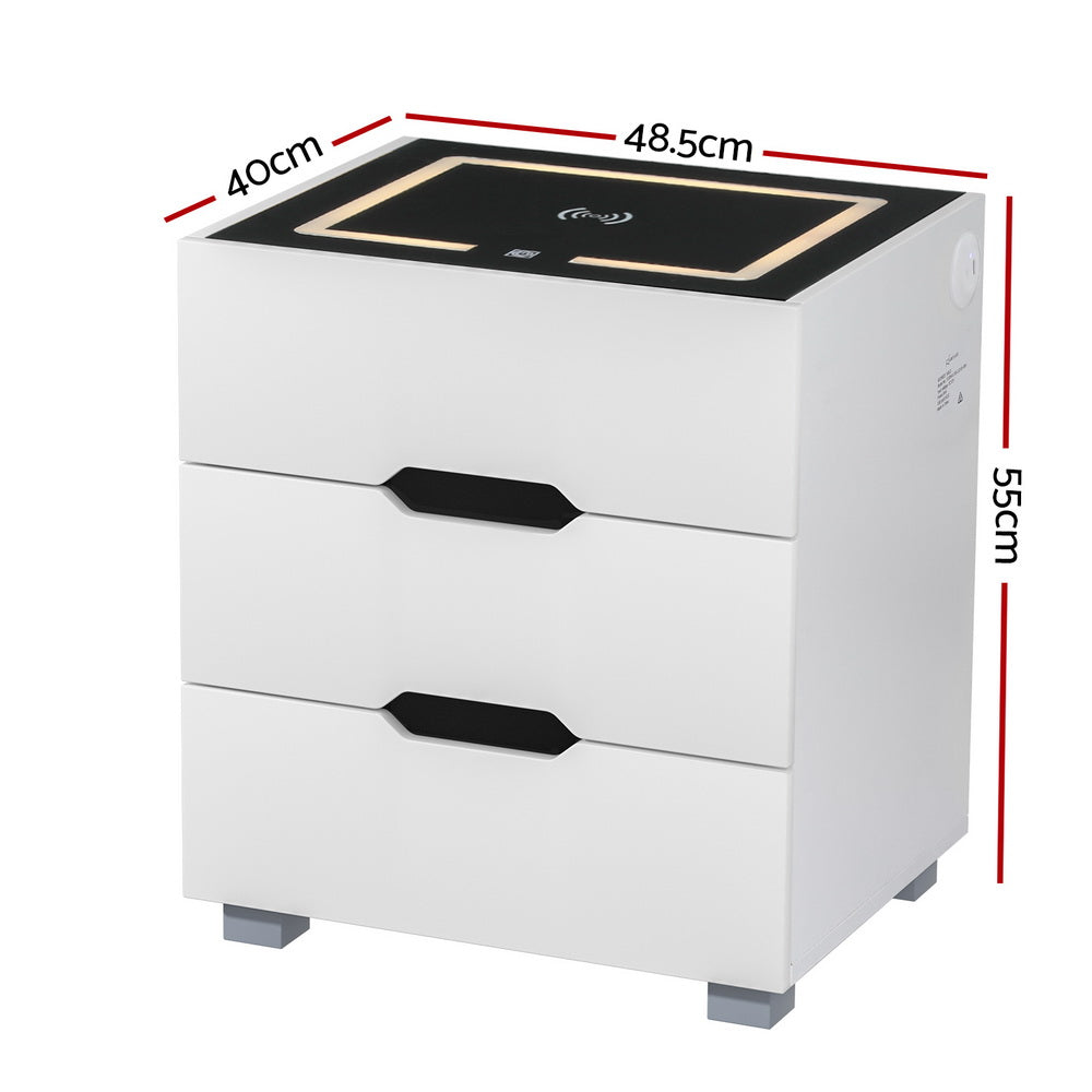 Artiss Smart Bedside Table 3 Drawers with Wireless Charging Ports LED White ADAD-Furniture &gt; Bedroom-PEROZ Accessories
