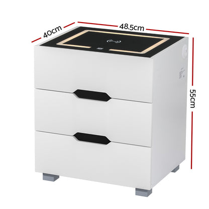 Artiss Smart Bedside Table 3 Drawers with Wireless Charging Ports LED White ADAD-Furniture &gt; Bedroom-PEROZ Accessories