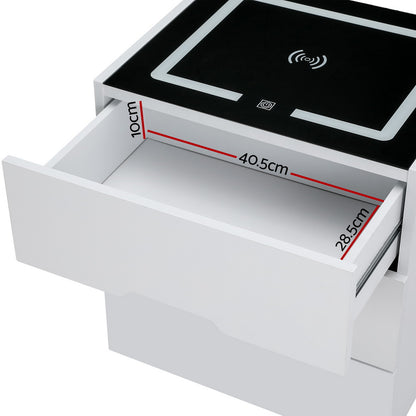 Artiss Smart Bedside Table 3 Drawers with Wireless Charging Ports LED White ADAD-Furniture &gt; Bedroom-PEROZ Accessories