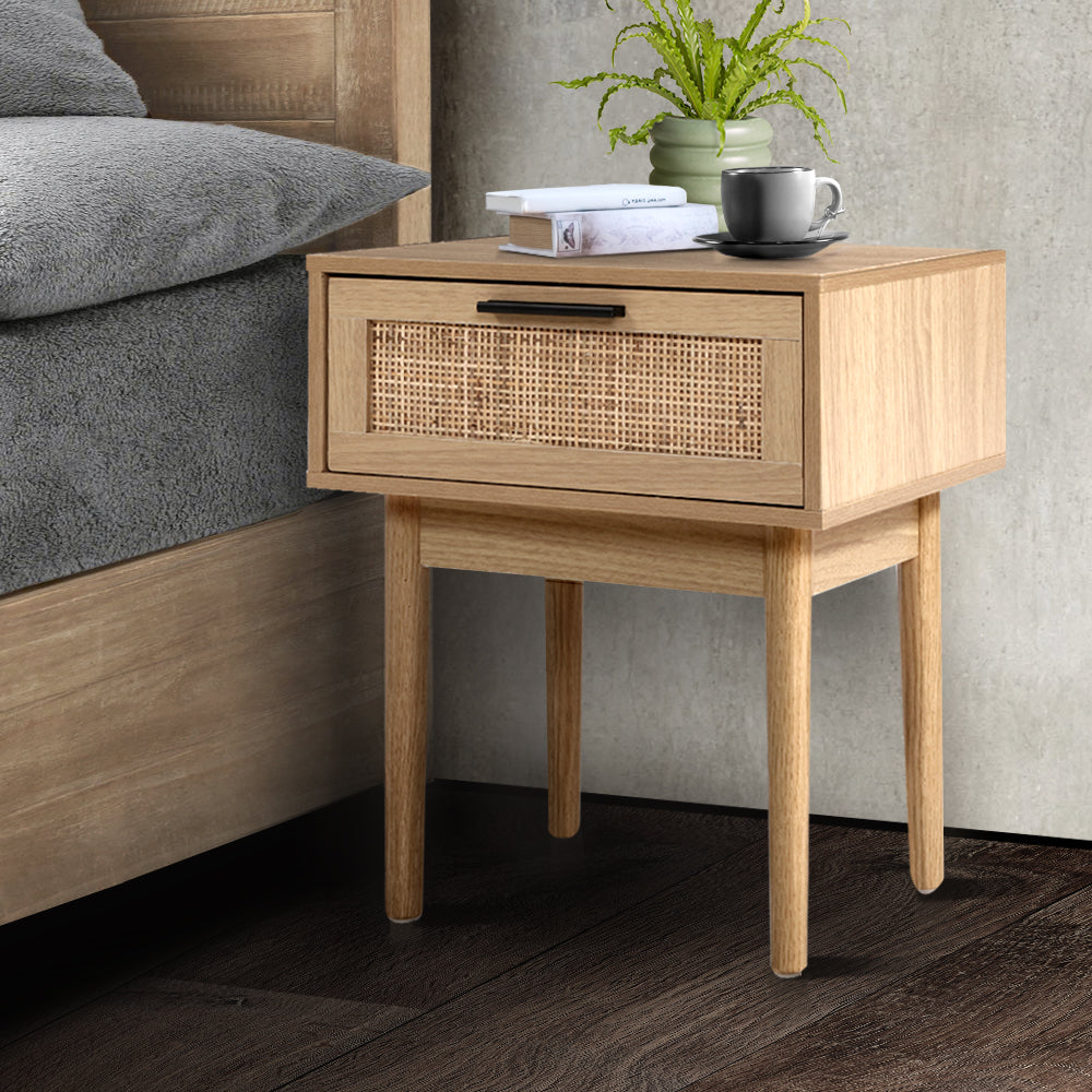 Artiss Bedside Tables Table 1 Drawer Storage Cabinet Rattan Wood Nightstand-Bedside Tables - Peroz Australia - Image - 1