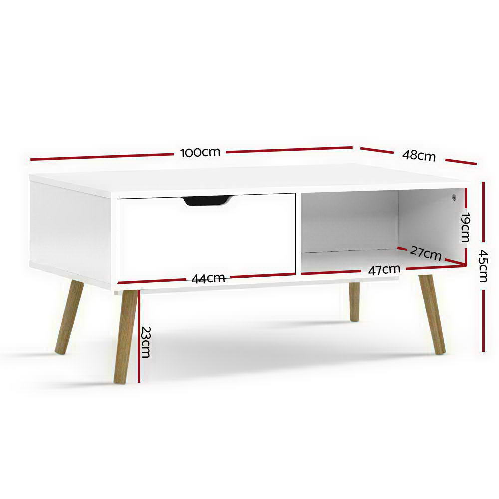 Artiss Coffee Table Storage Drawer Open Shelf Wooden Legs Scandinavian White-Furniture &gt; Living Room - Peroz Australia - Image - 2