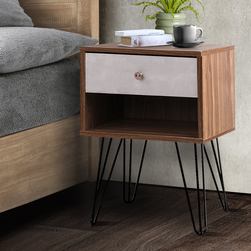 Artiss Bedside Table with Drawer - Grey &amp; Walnut-Bedside Tables - Peroz Australia - Image - 1