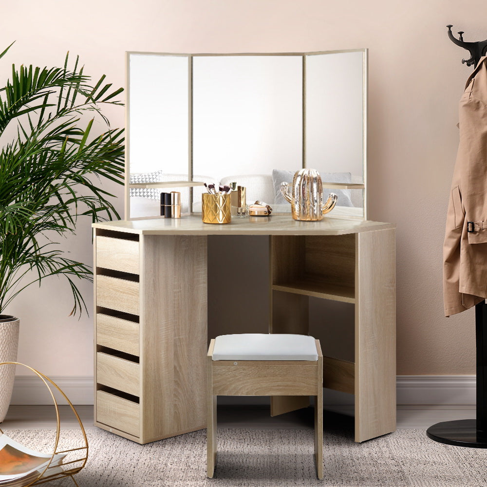 Artiss Corner Dressing Table Mirror Stool Set Makeup Vanity Desk Chair Oak-Furniture &gt; Bedroom - Peroz Australia - Image - 1