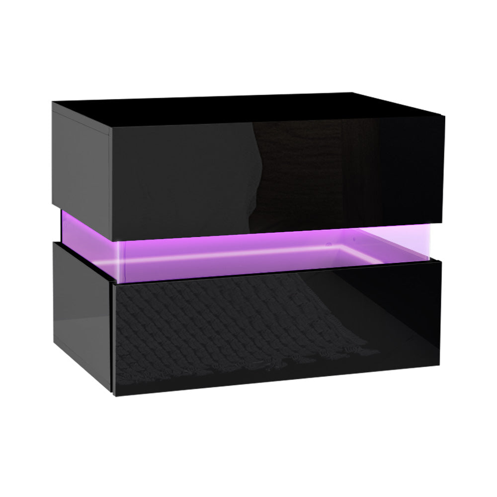 Artiss Bedside Table 2 Drawers RGB LED Side Nightstand High Gloss Cabinet Black-Furniture > Bedroom - Peroz Australia - Image - 2