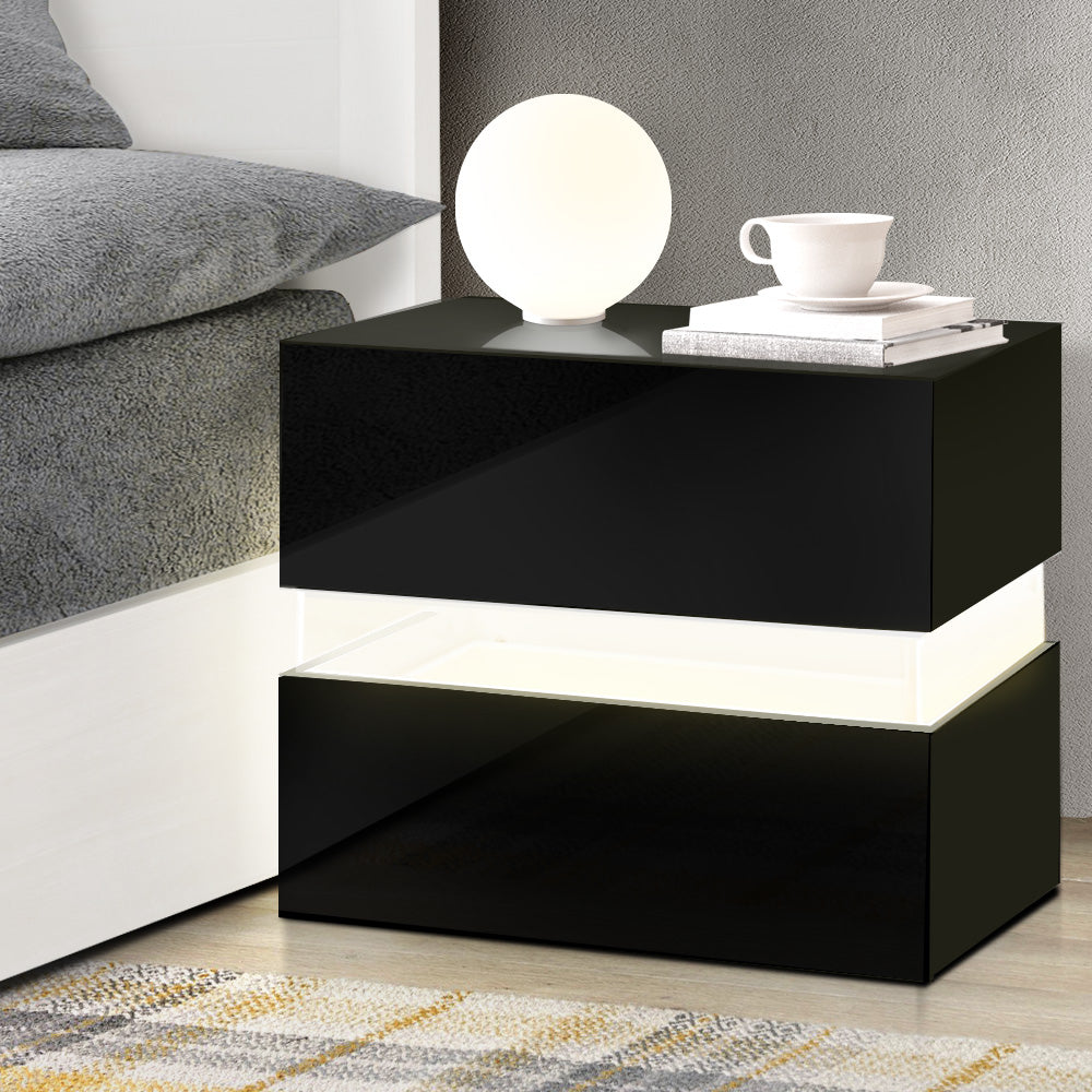 Artiss Bedside Table 2 Drawers RGB LED Side Nightstand High Gloss Cabinet Black-Furniture > Bedroom - Peroz Australia - Image - 1