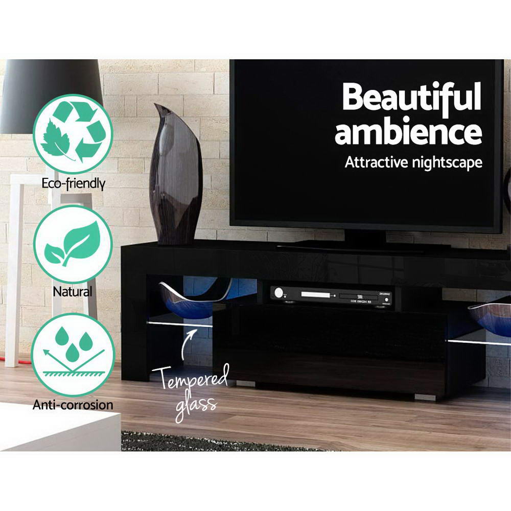 Artiss TV Cabinet Entertainment Unit Stand RGB LED Gloss Furniture 130cm Black-Entertainment Units - Peroz Australia - Image - 2