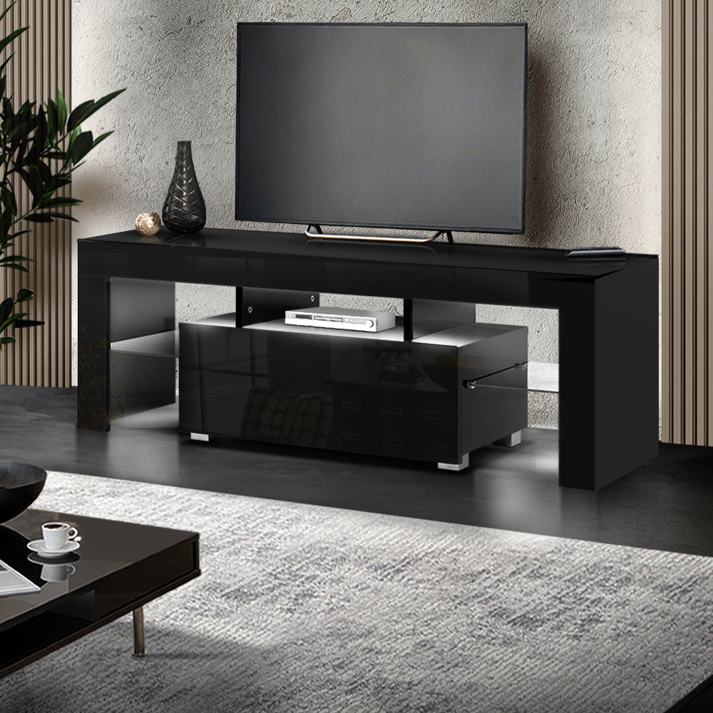 Artiss TV Cabinet Entertainment Unit Stand RGB LED Gloss Furniture 130cm Black-Entertainment Units - Peroz Australia - Image - 1