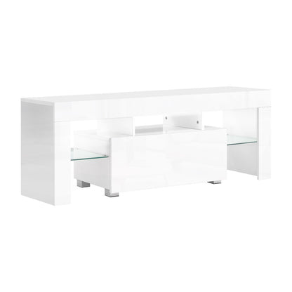 Artiss 130cm RGB LED TV Stand Cabinet Entertainment Unit Gloss Furniture Drawer Tempered Glass Shelf White-Entertainment Units - Peroz Australia - Image - 2