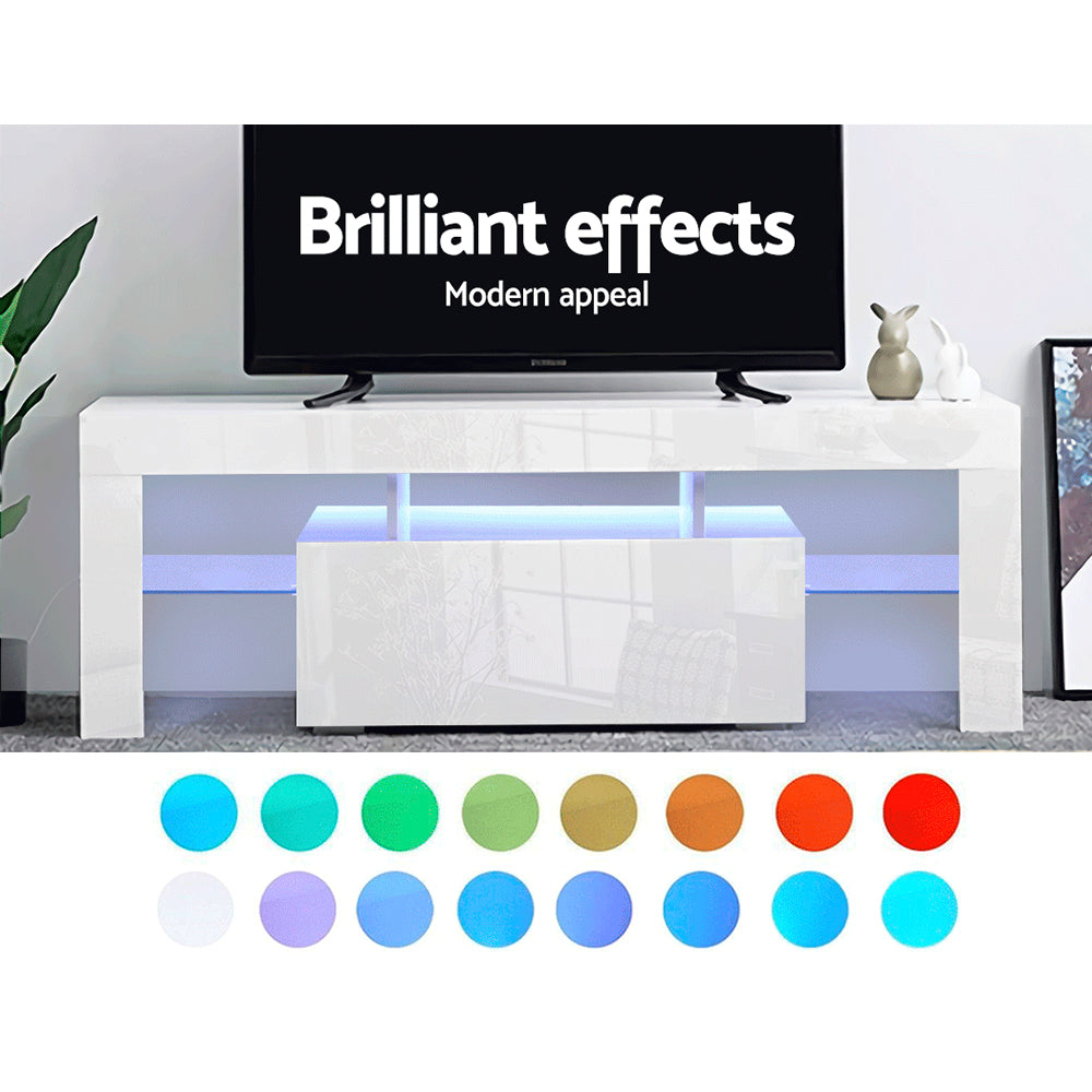 Artiss 130cm RGB LED TV Stand Cabinet Entertainment Unit Gloss Furniture Drawer Tempered Glass Shelf White-Entertainment Units - Peroz Australia - Image - 7