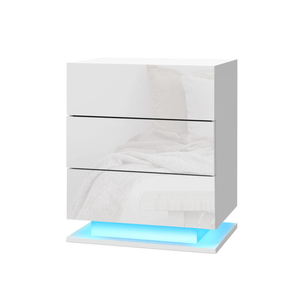 Artiss Bedside Tables Side Table RGB LED Lamp 3 Drawers Nightstand Gloss White-Furniture &gt; Bedroom - Peroz Australia - Image - 1