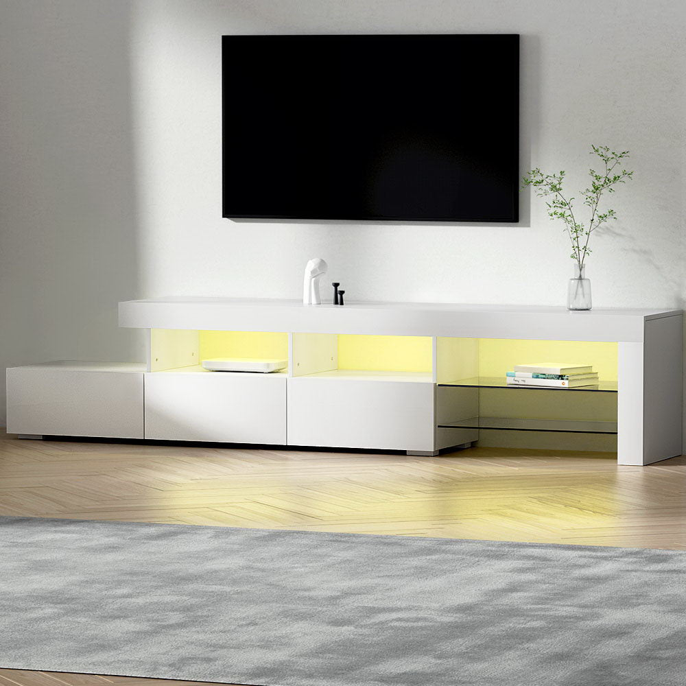 Artiss TV Cabinet Entertainment Unit Stand RGB LED Gloss Furniture 215cm White-Entertainment Units - Peroz Australia - Image - 1